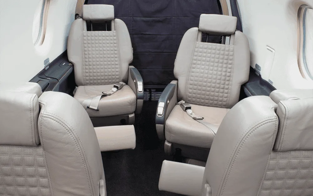 A close-up view of two light grey leather aircraft cabin seats with textured inserts and armrests.