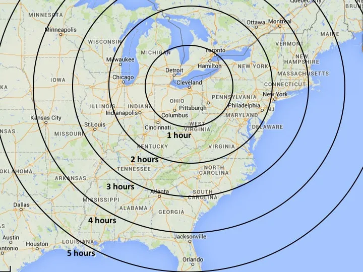 Map showing flight time rings around a central location.