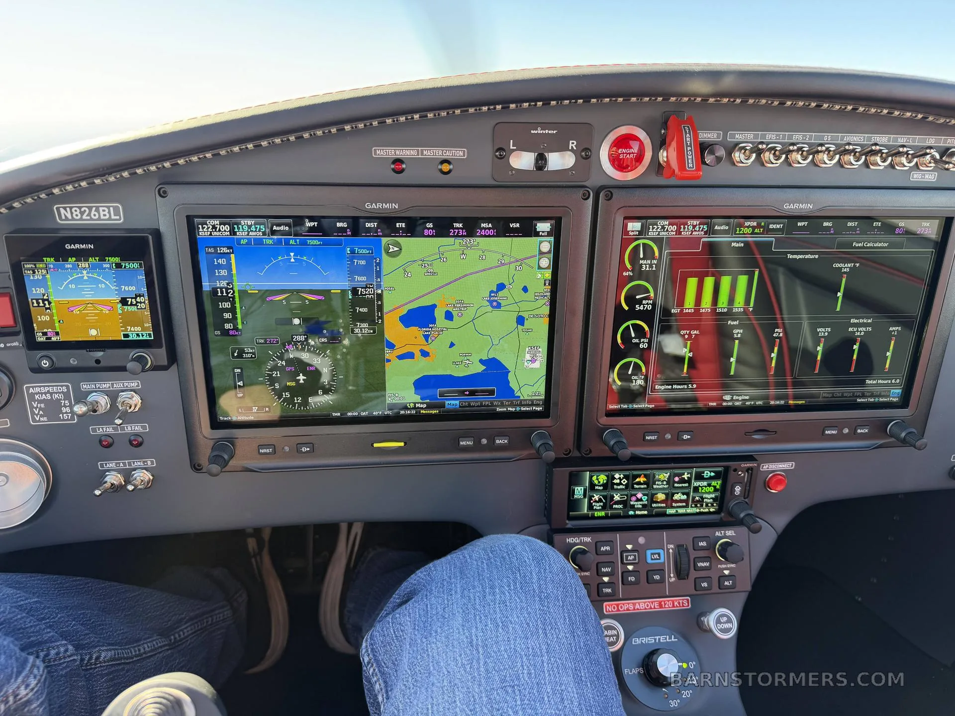 The cockpit of a Bristell aircraft showing the Garmin G3X Touch avionics suite with flight data and a map.