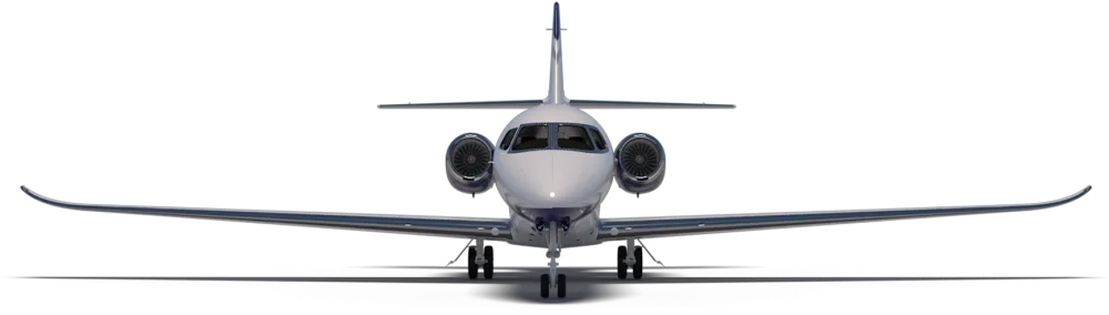 Front view of a white and blue private jet, isolated on a white background.