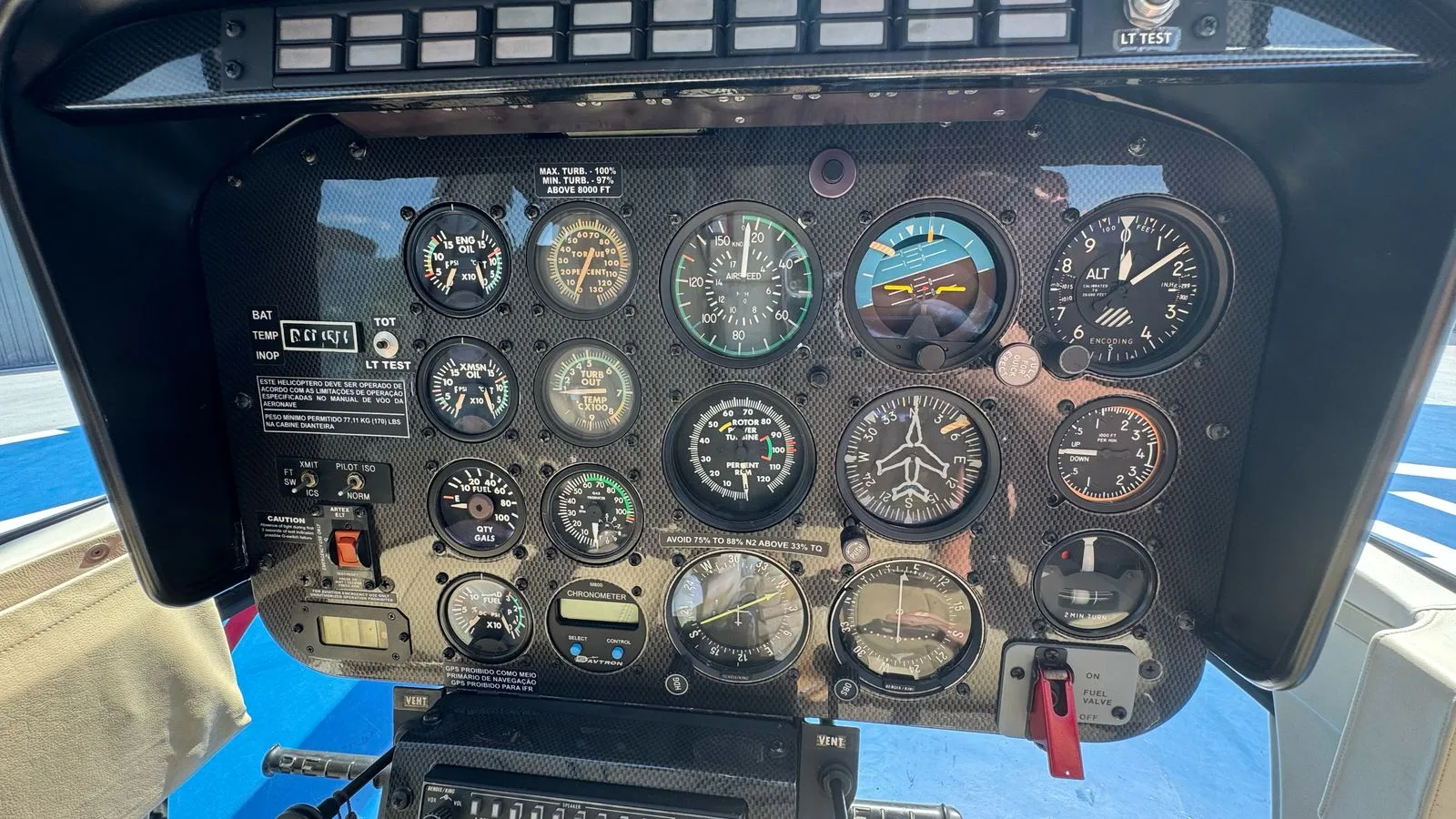 Close-up view of a helicopter's instrument panel with various gauges and controls.