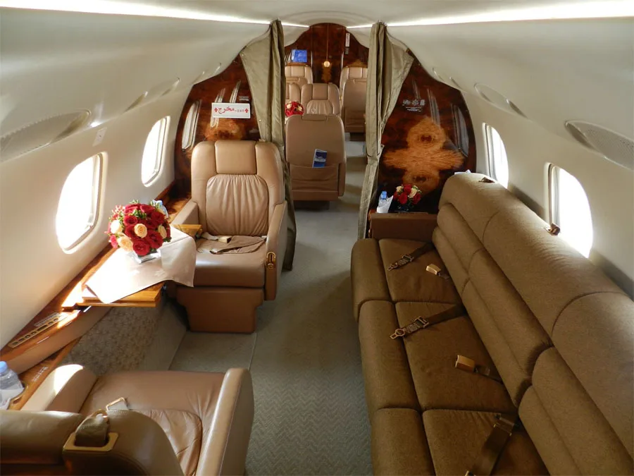 The spacious aircraft interior features a long sofa, individual leather seats, and elegant wood finishes.