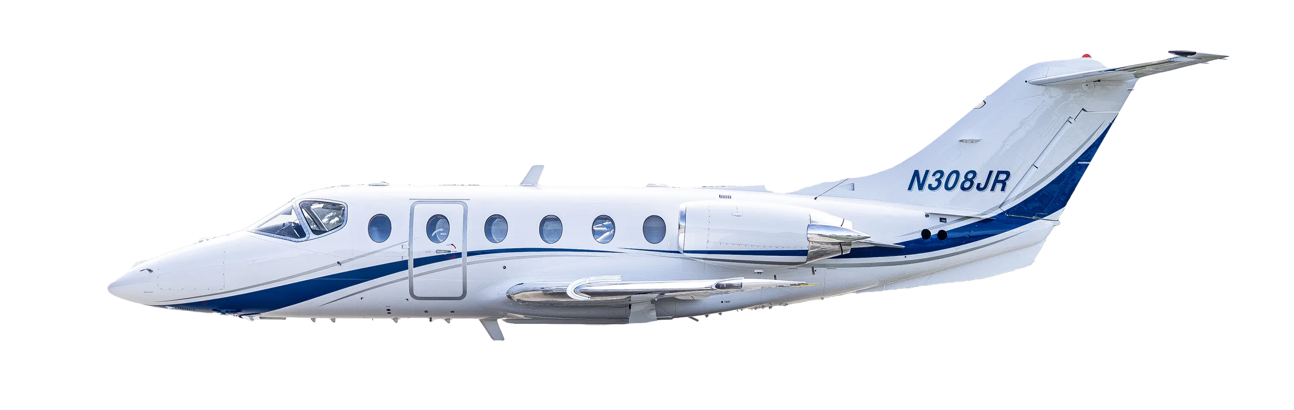 A white business jet with blue and grey stripes and tail number N308JR, viewed from the side.