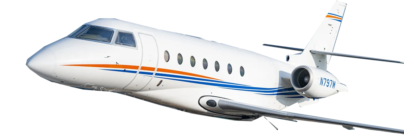 A Gulfstream jet with a white and blue paint scheme is shown against a black background.