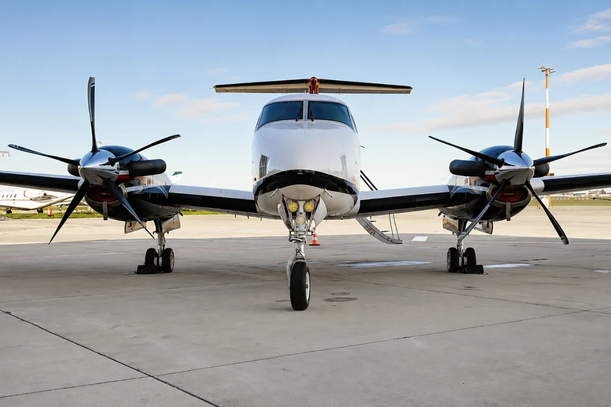 A white and red twin-engine turboprop aircraft with registration OK-MAG parked on an airport tarmac, viewed from the front.