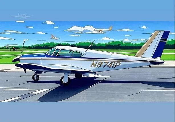 An illustration of a white and blue single-engine aircraft, N8741P, on an airfield.