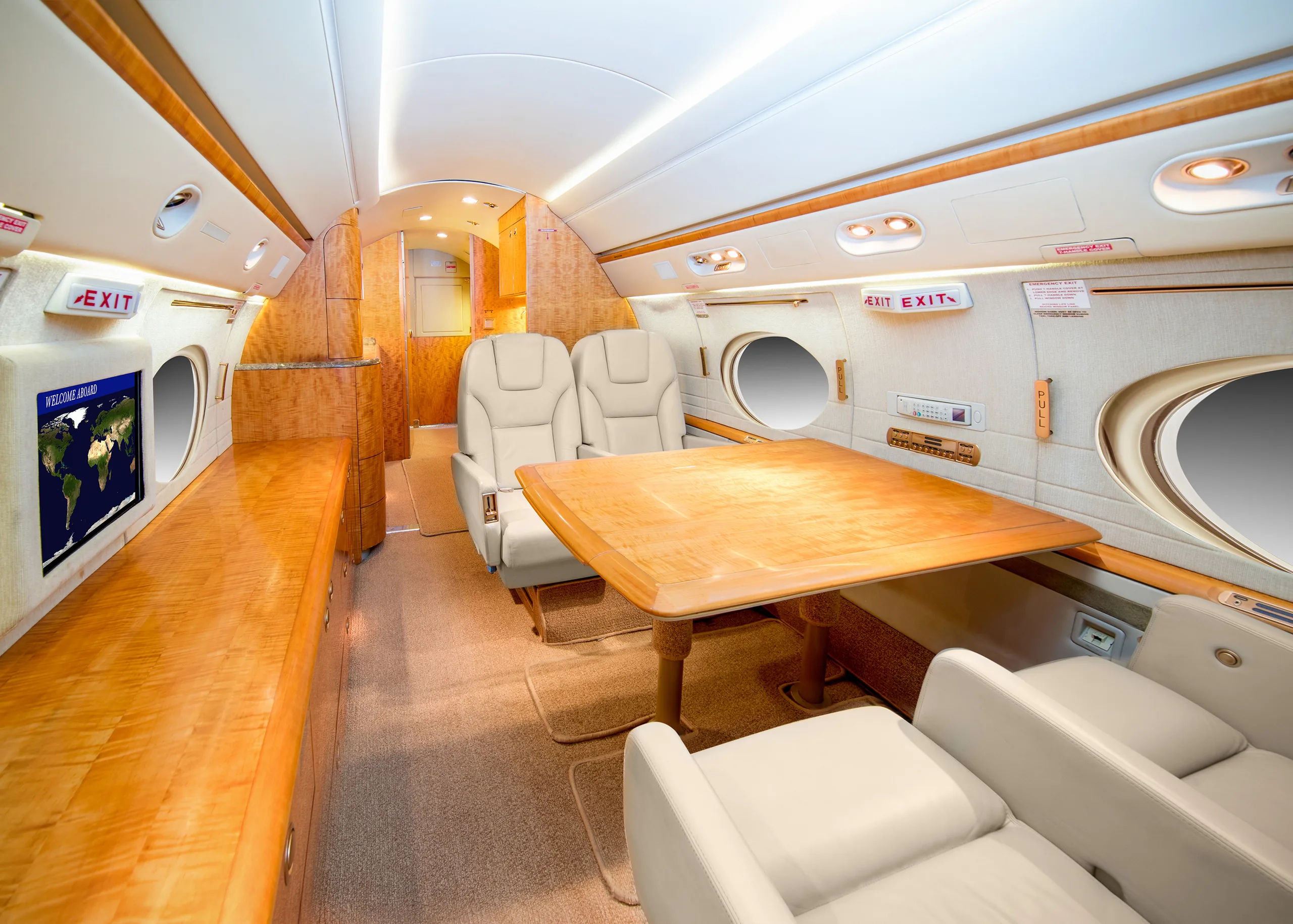 The aircraft's interior features comfortable seating and a table for passengers.
