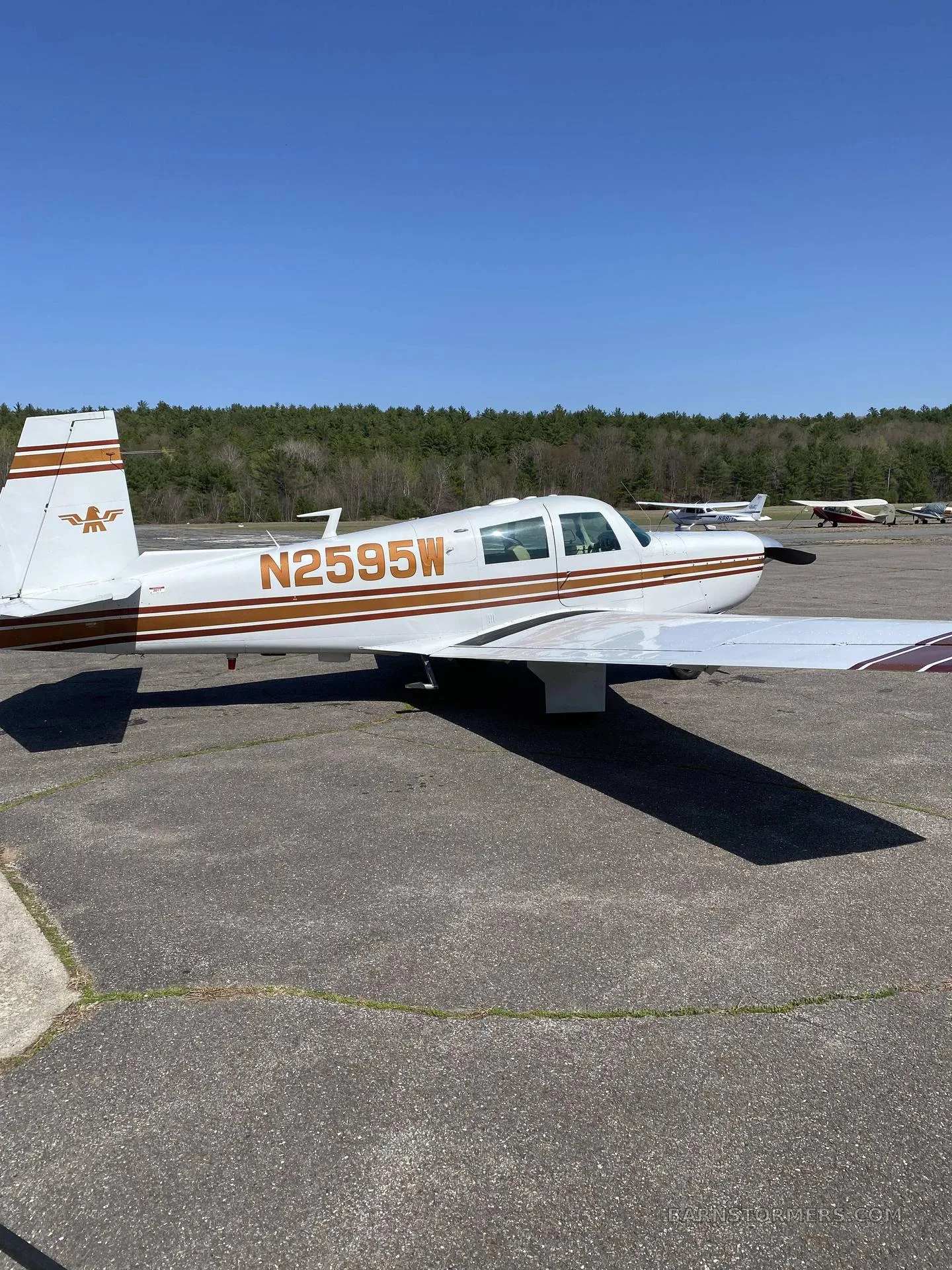 Side view of a white and brown single-engine propeller aircraft with registration N2595W on an asphalt tarmac.