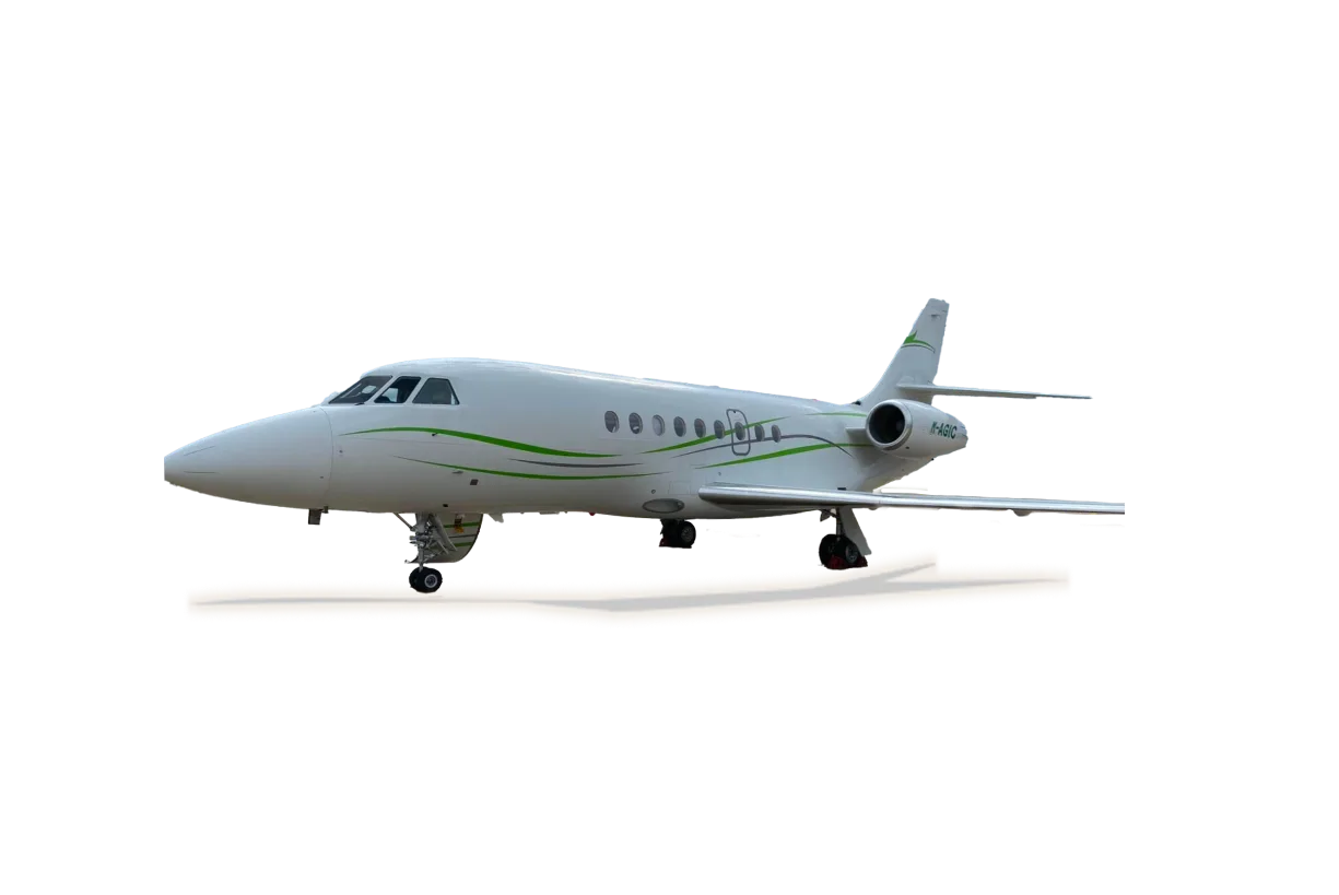 A white Dassault Falcon with green stripes on a black background.
