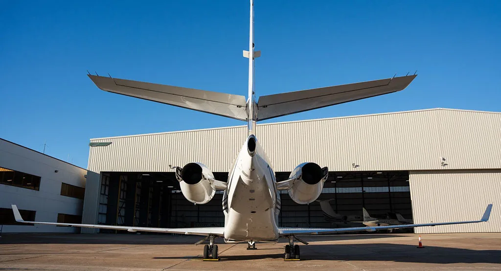 A rear view of a white Gulfstream G280 business jet, registration N280LT, parked in front of a hangar.