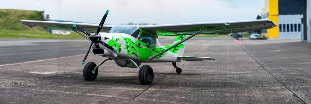 A white and green Backcountry Super Cub aircraft with a dragon paint scheme parked on an airfield.