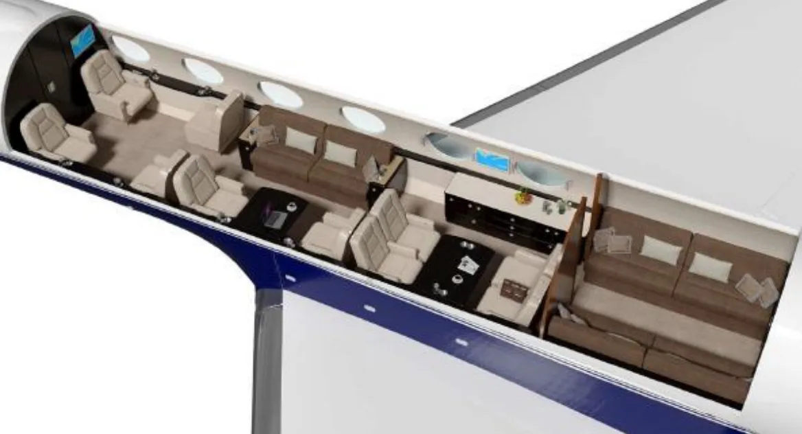 An overhead cutaway diagram illustrating the luxurious multi-zone interior layout of a private jet.
