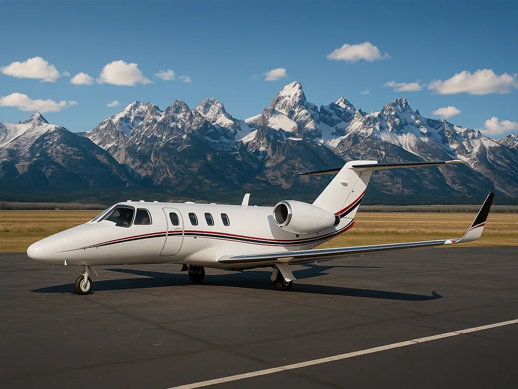 A white business jet with red and black stripes is parked on an airfield with snow-capped mountains in the background.
