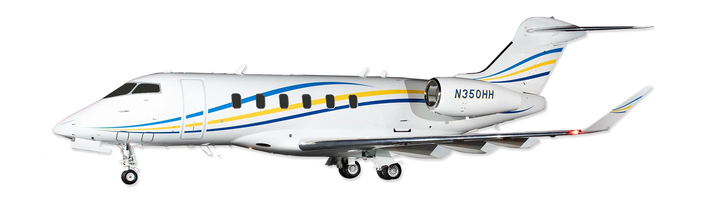 A white Bombardier Challenger 350 aircraft with blue and yellow stripes on the tail and engine, registration N350HH, on a white background.