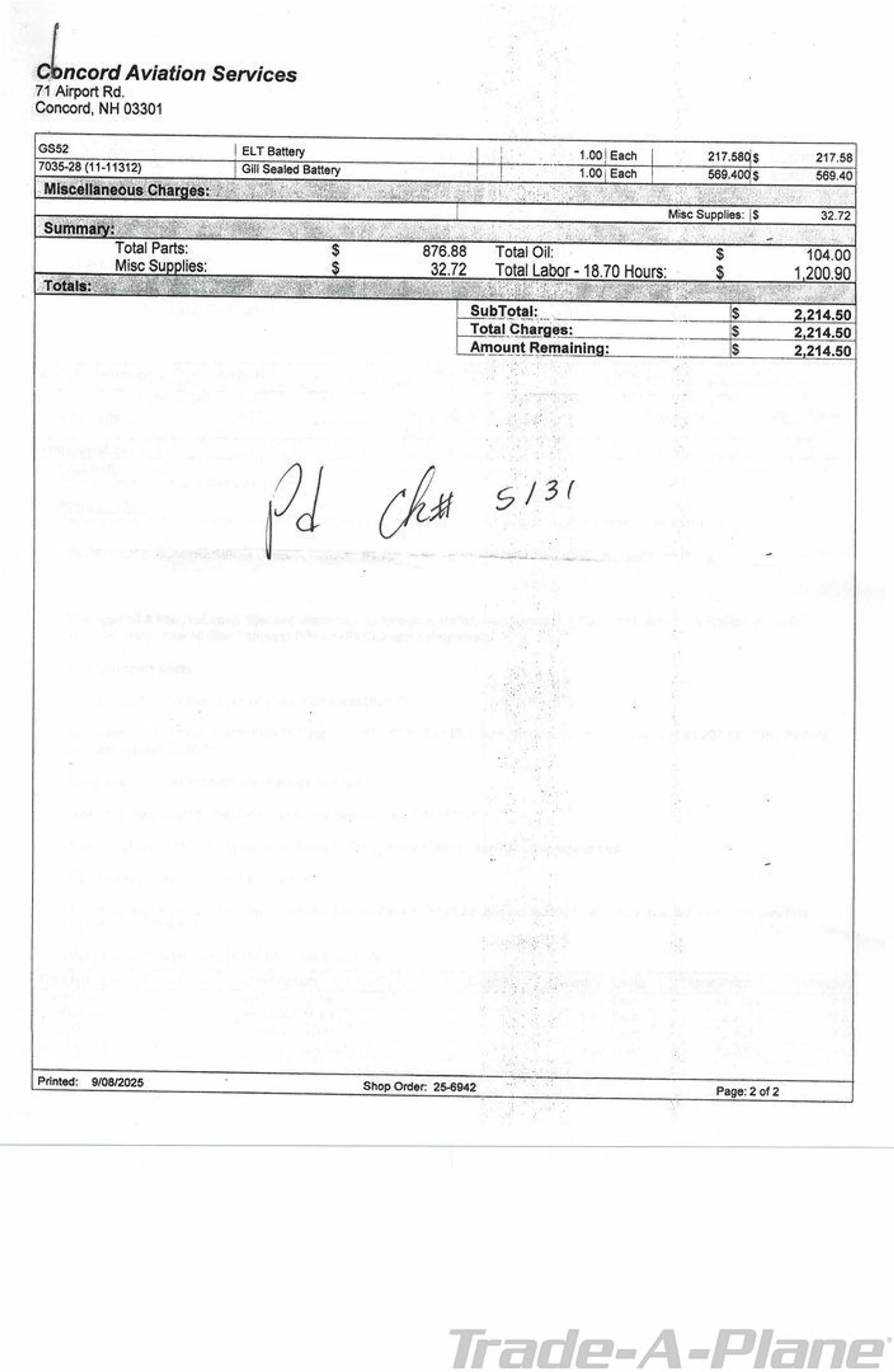 A second page of a maintenance record document for aircraft N15SN.