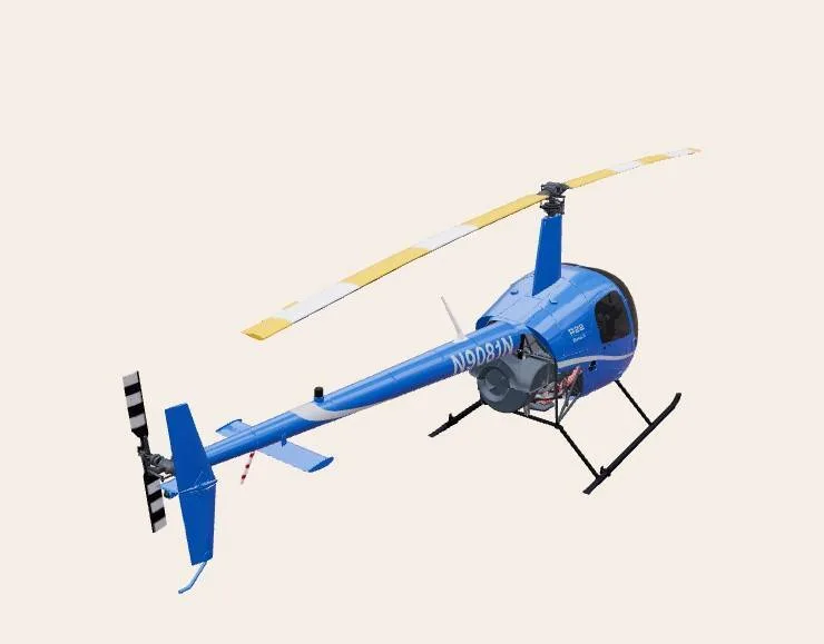 A blue Robinson R22 helicopter with registration N9081N, viewed from the rear-right, against a plain background.