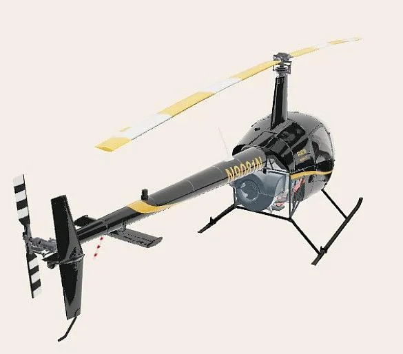 A black Robinson R22 helicopter with yellow stripes and registration N9081N, viewed from the rear-right.