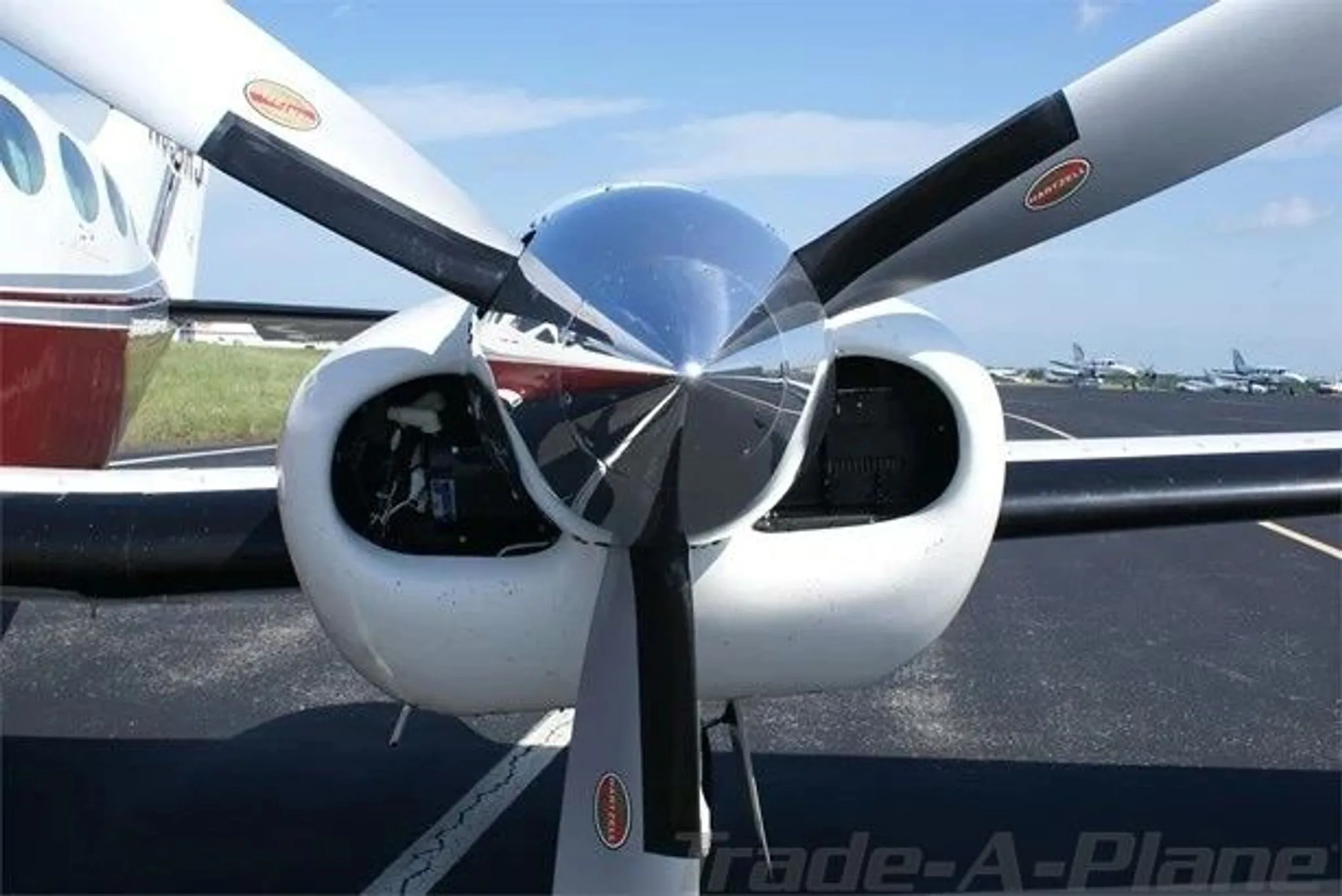 A detailed front view of the polished propeller and engine cowling of a twin-engine aircraft on an airfield.
