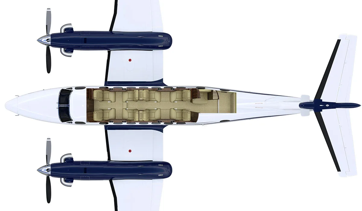 Top-down diagram of a King Air with the interior layout visible.