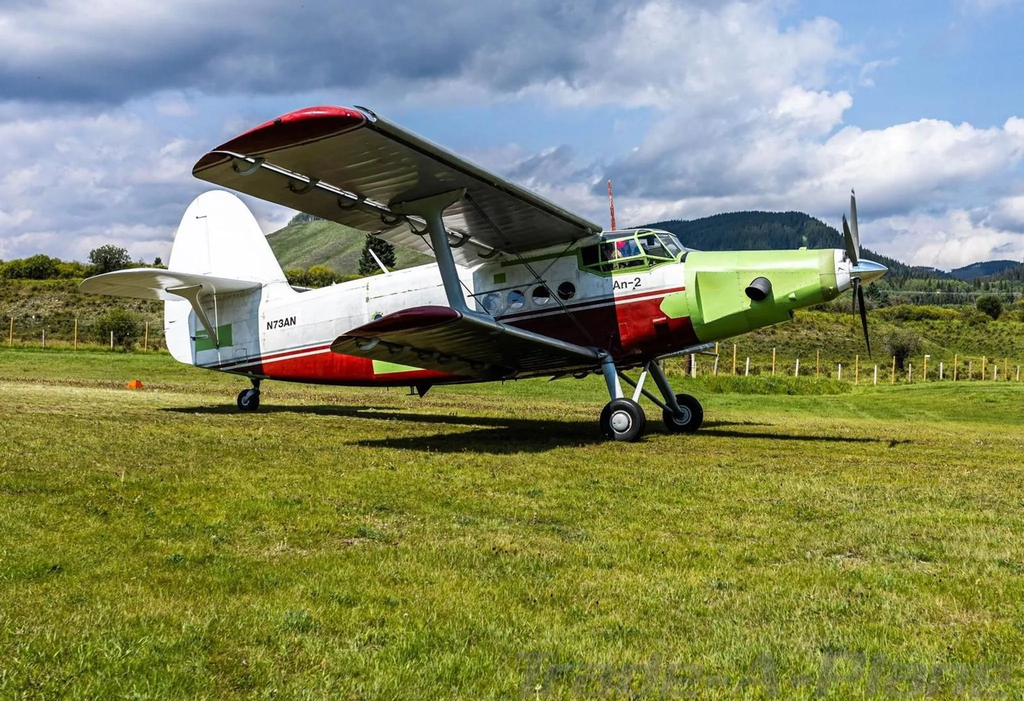 An Antonov An-2 biplane, painted white, red, and green, parked on a grassy field under a cloudy sky.