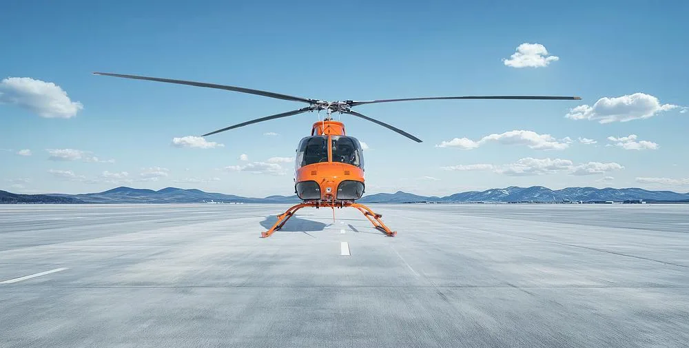 A head-on view of an orange and white Bell 407 helicopter on a snowy airfield under a blue sky.