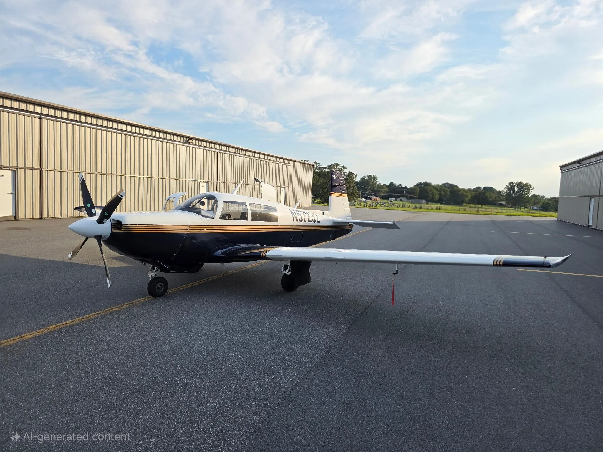 A dark blue and white single-engine Piper PA-28-181 aircraft with gold stripes parked on an asphalt apron next to a hangar under a partly cloudy sky.