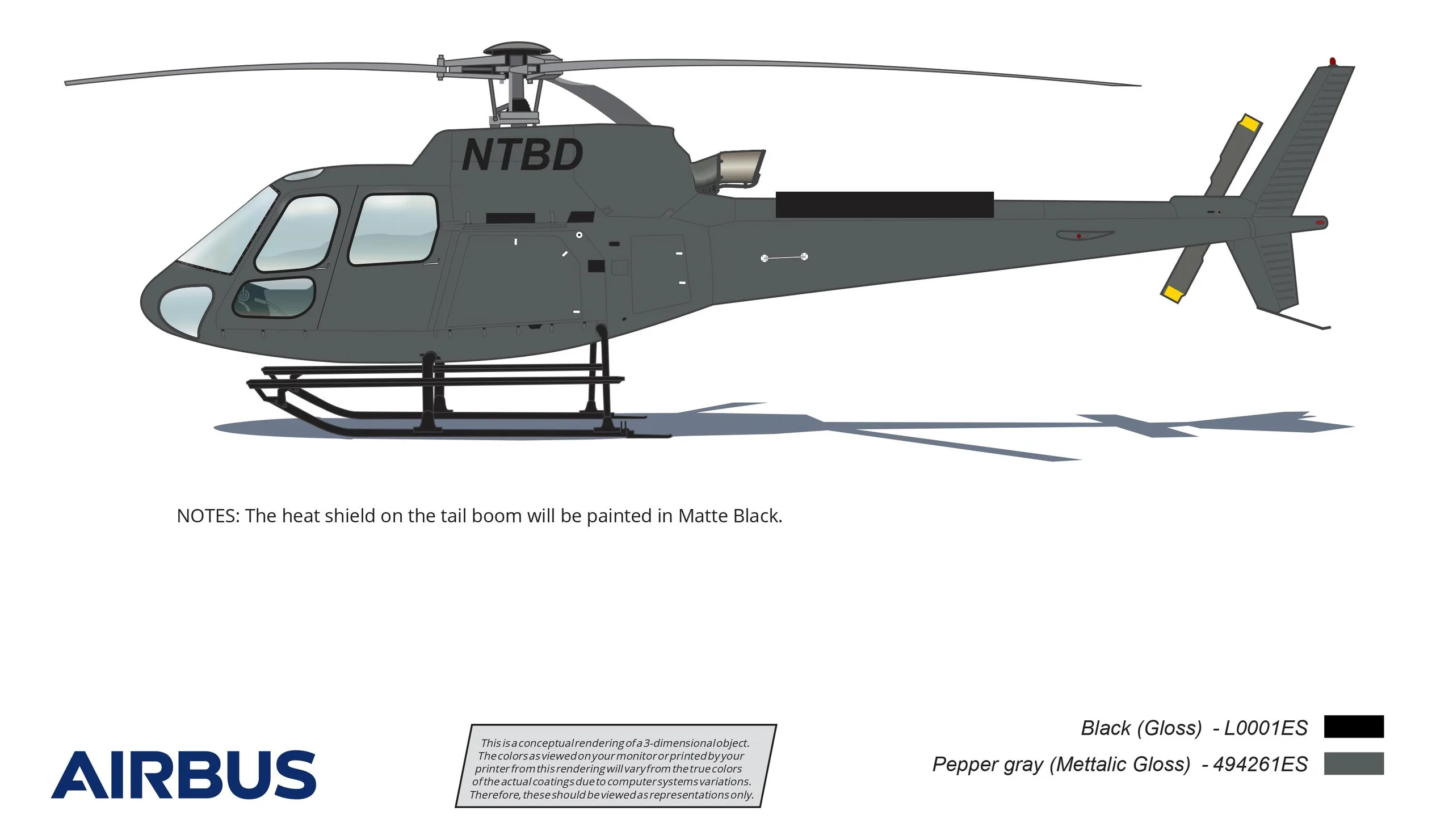 A conceptual rendering of a dark gray Airbus helicopter with 'NTBD' on its fuselage.