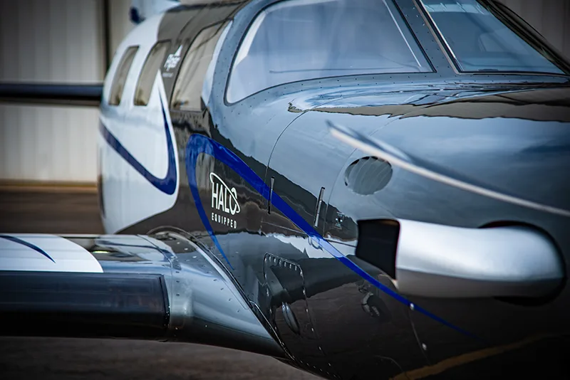 Close up of the HALO equipped aircraft's nose and wing.