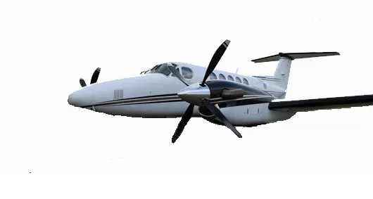 A white twin-engine turboprop aircraft with black engine nacelles and propellers, viewed from the front-right against a white background.