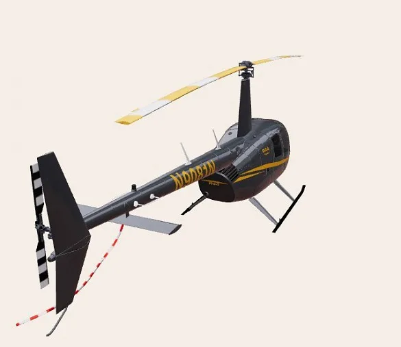 A dark gray Robinson R44 helicopter with yellow stripes and registration N9081N, viewed from the rear-right.