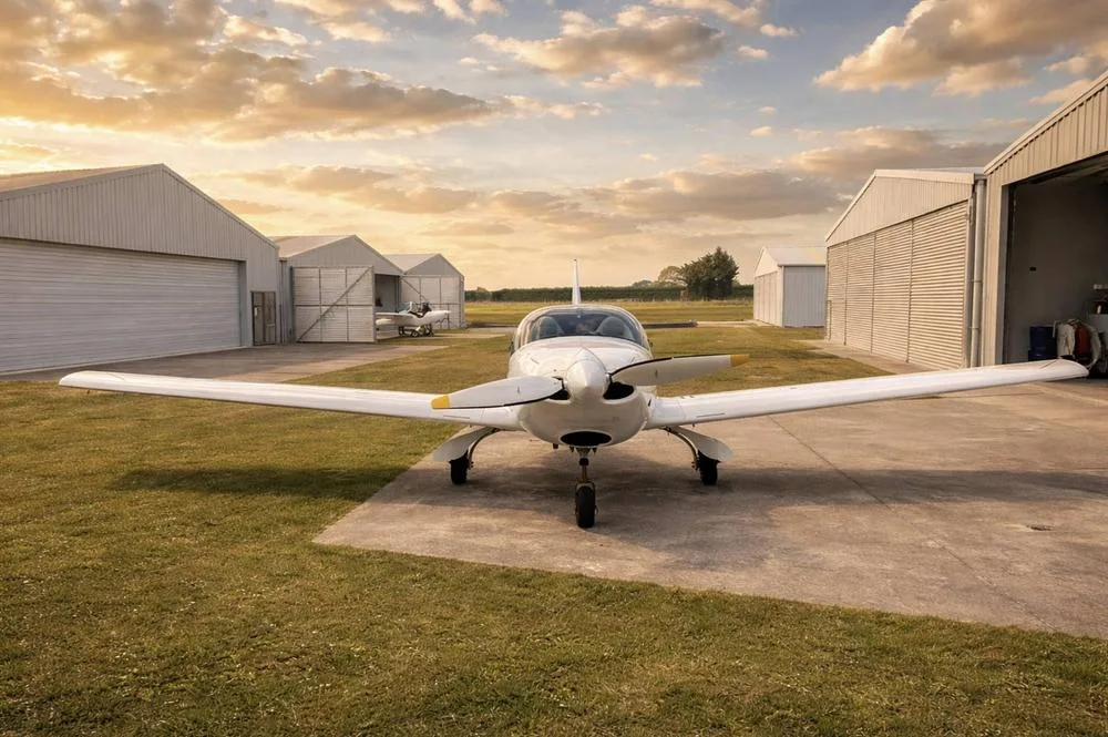 A white single-engine aircraft is parked on a concrete pad in front of several hangars at sunset.