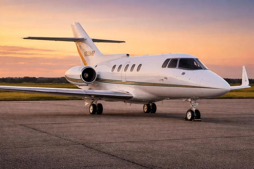 A white business jet with green and gold stripes, tail number N821MP, parked on an airfield at sunset.