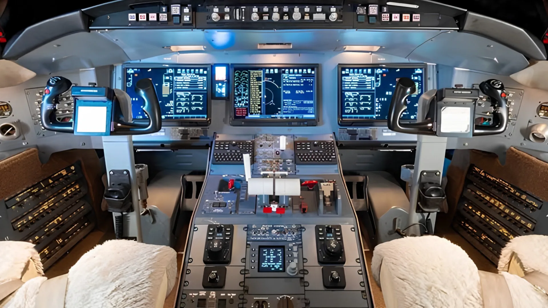 The cockpit of a modern jet aircraft with multiple digital displays and control yokes.