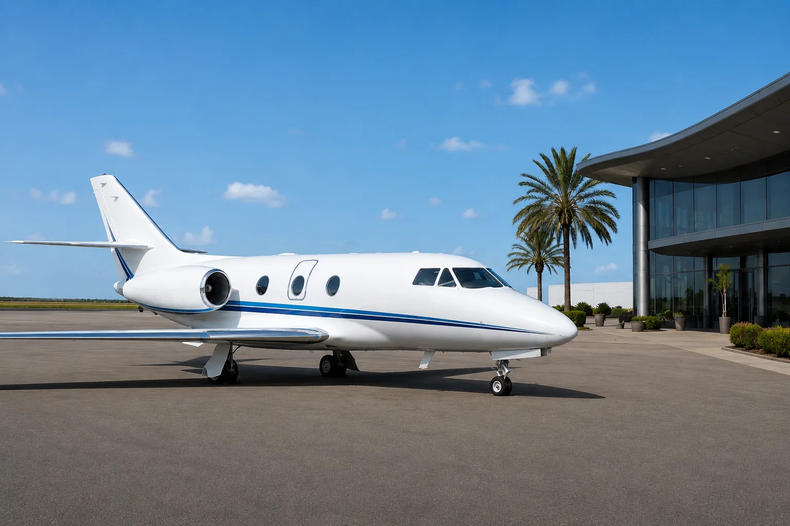 A white business jet with blue stripes is parked on an asphalt apron next to a modern building with palm trees under a clear blue sky.