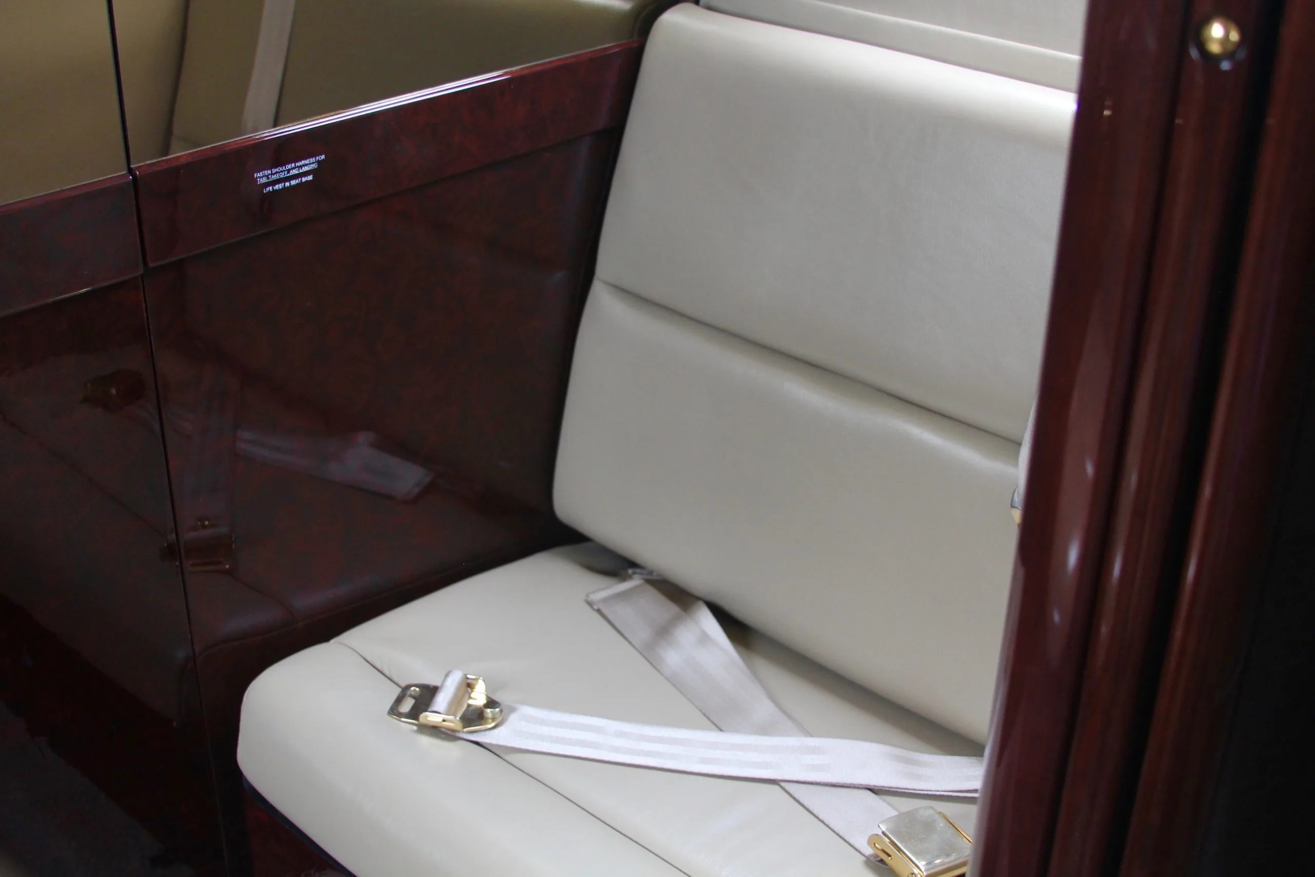 Close-up of a seat inside the aircraft.