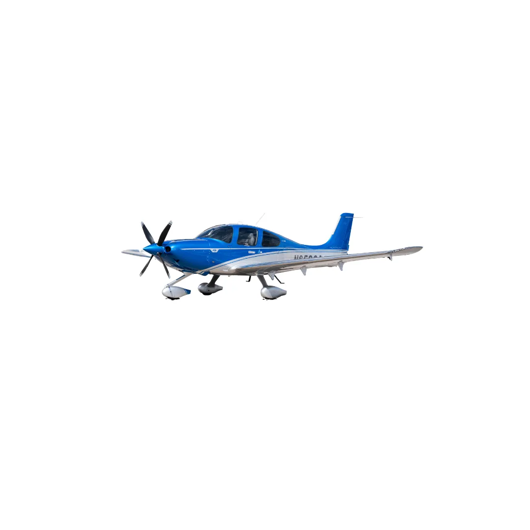 A blue and silver single-engine propeller aircraft, likely a Cirrus SR22, is shown from a front 3/4 view against a white background.