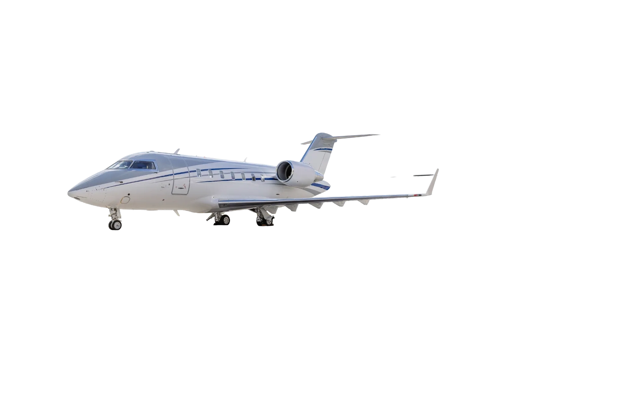 A white and grey Bombardier Global Express business jet with blue stripes is parked on the tarmac.