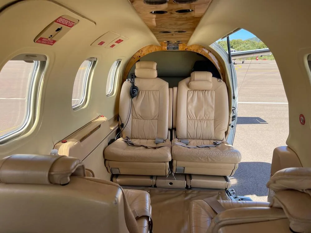 The tan leather interior cabin of an aircraft, showing two rows of seats with the main door open to the outside.
