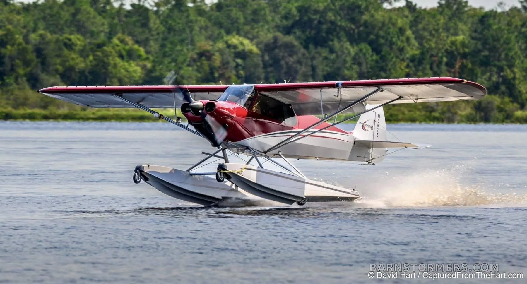 A red and white CubCrafters seaplane with floats taking off from a lake, surrounded by green trees.