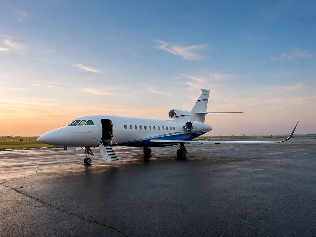A white and blue Dassault Falcon business jet parked on a tarmac at sunset with its door open.