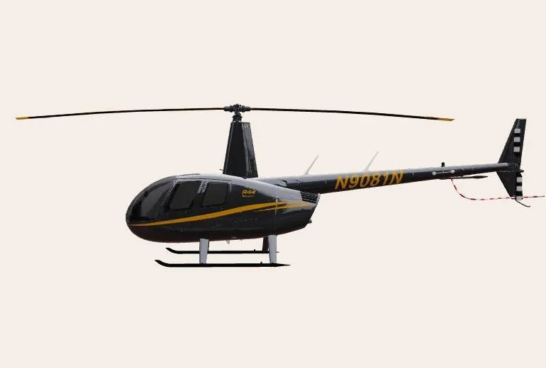 A dark gray Robinson R44 helicopter with yellow stripes and registration N9081N, viewed from the left side.