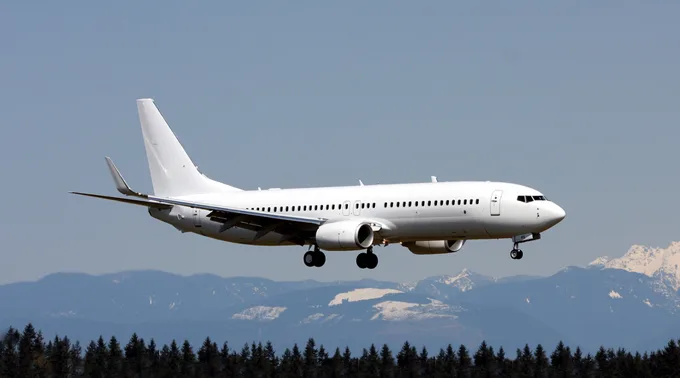 A white Boeing 737 aircraft with landing gear down, flying over a forest with snow-capped mountains in the background.