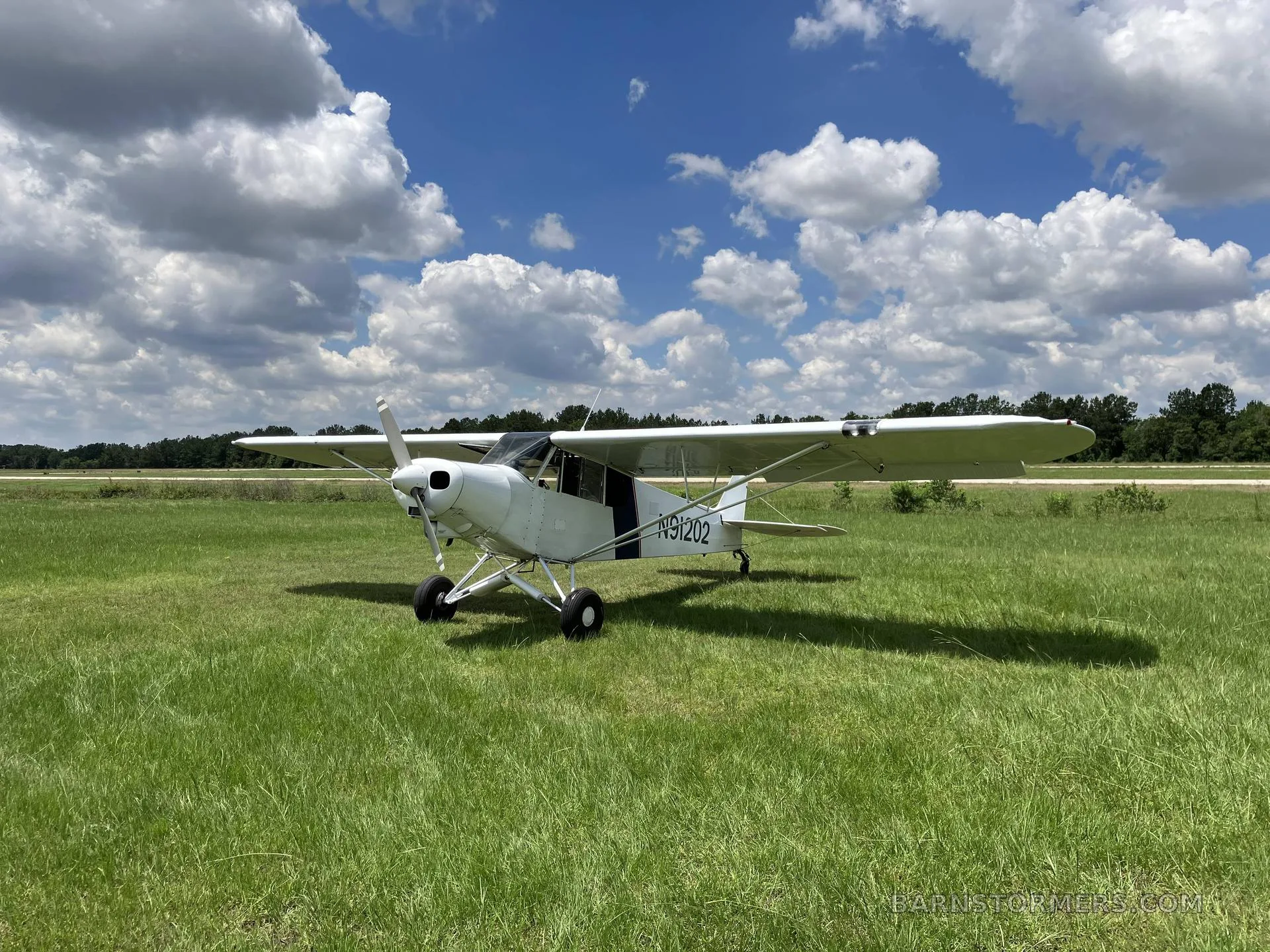 A white single-engine high-wing aircraft with registration N91202, viewed from the front-left, on a grassy field.