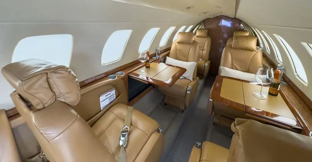 A wide-angle view of the private jet's interior cabin, showing multiple tan leather seats and wooden accents.