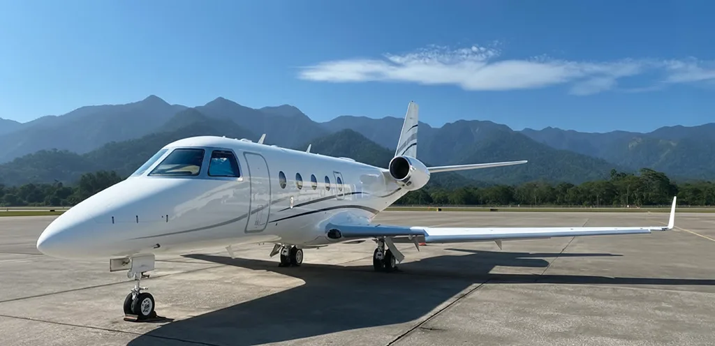A white business jet with black and grey stripes is parked on an tarmac under a clear blue sky.