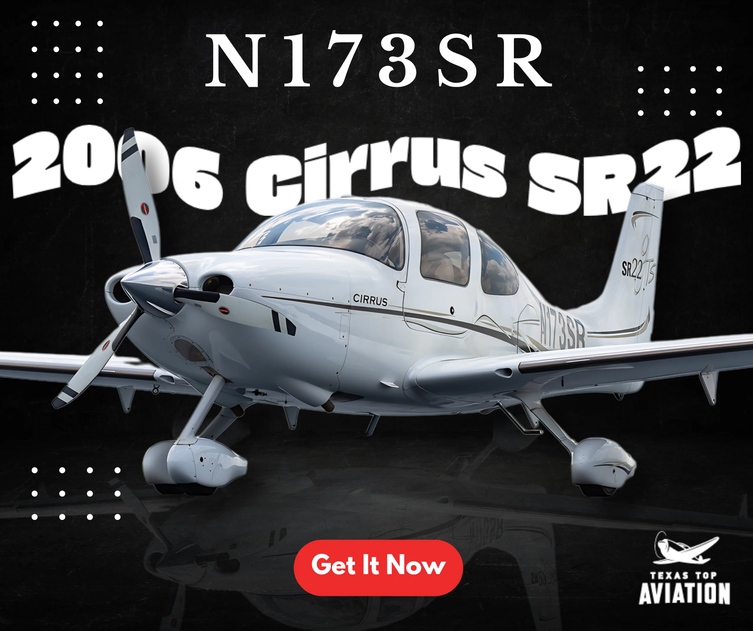 A white Cirrus SR22 aircraft with dark grey and gold accent stripes, shown from a three-quarter front view on a dark background.