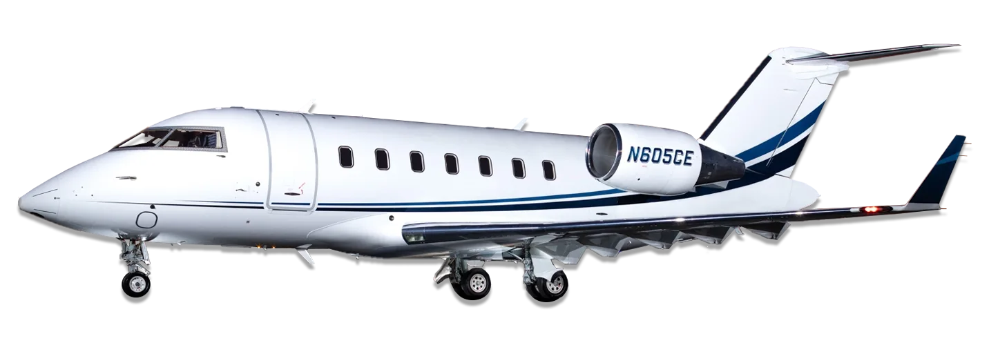 A white Bombardier Challenger 605 business jet with blue stripes, registration N605CE, seen from the side.