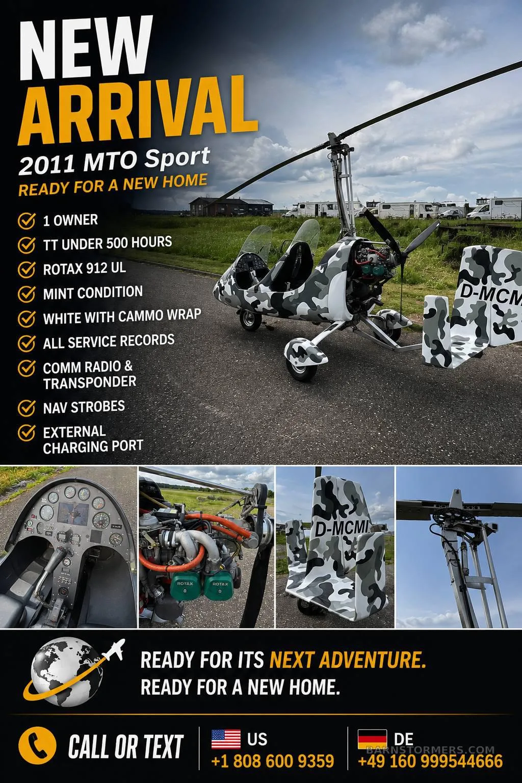 A 2011 MTO Sport gyrocopter with a white and camouflage wrap, parked on an asphalt surface with fields in the background, presented as a 'NEW ARRIVAL' advertisement.
