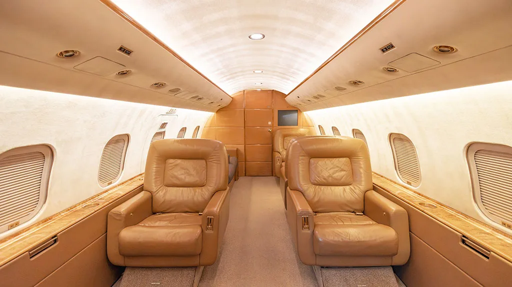 The private jet cabin interior with two rows of opposing tan leather seats and polished wood accents.
