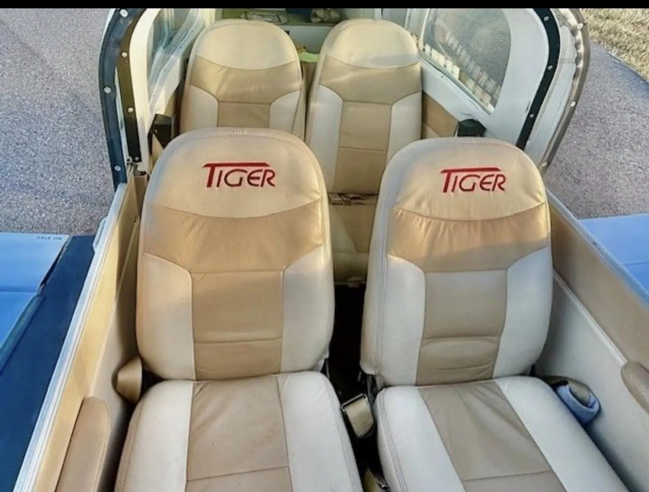 The tan and white leather interior seats of an American General AG-5B Tiger aircraft, with "TIGER" embroidered on the headrests.